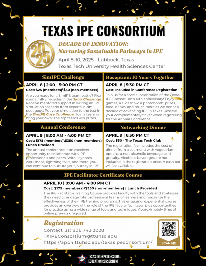 Texas IPE Consortium 2024 IPE facilitator certificate course, networking dinner and annual meeting save the date flyer